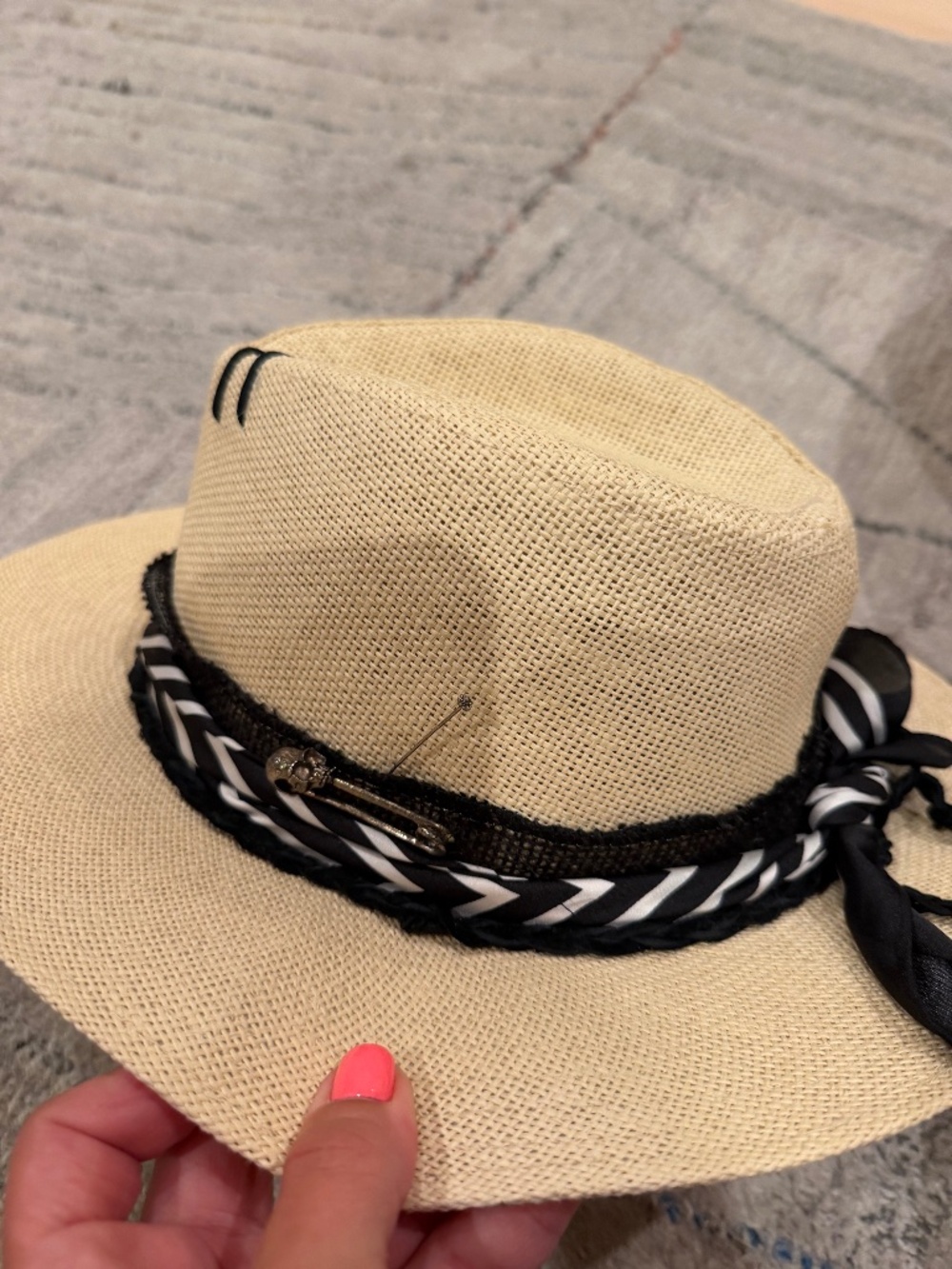 Rue des Martyrs Straw Fedora Beige Black White Embellished Band